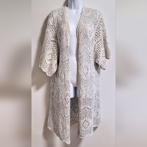 Boho Chic Open Work Knit Chrochet Lace Pattern Duster Long Cardigan Cozy Casual - Picture 3 of 7